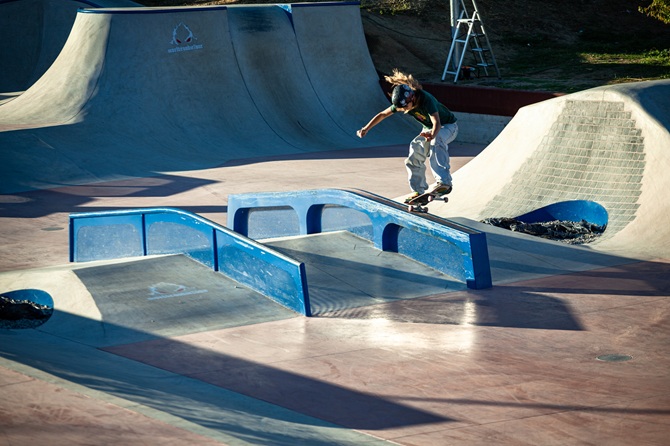 Dora Gasperini on a rail during the Street Grom Women final, Celje Skatepark