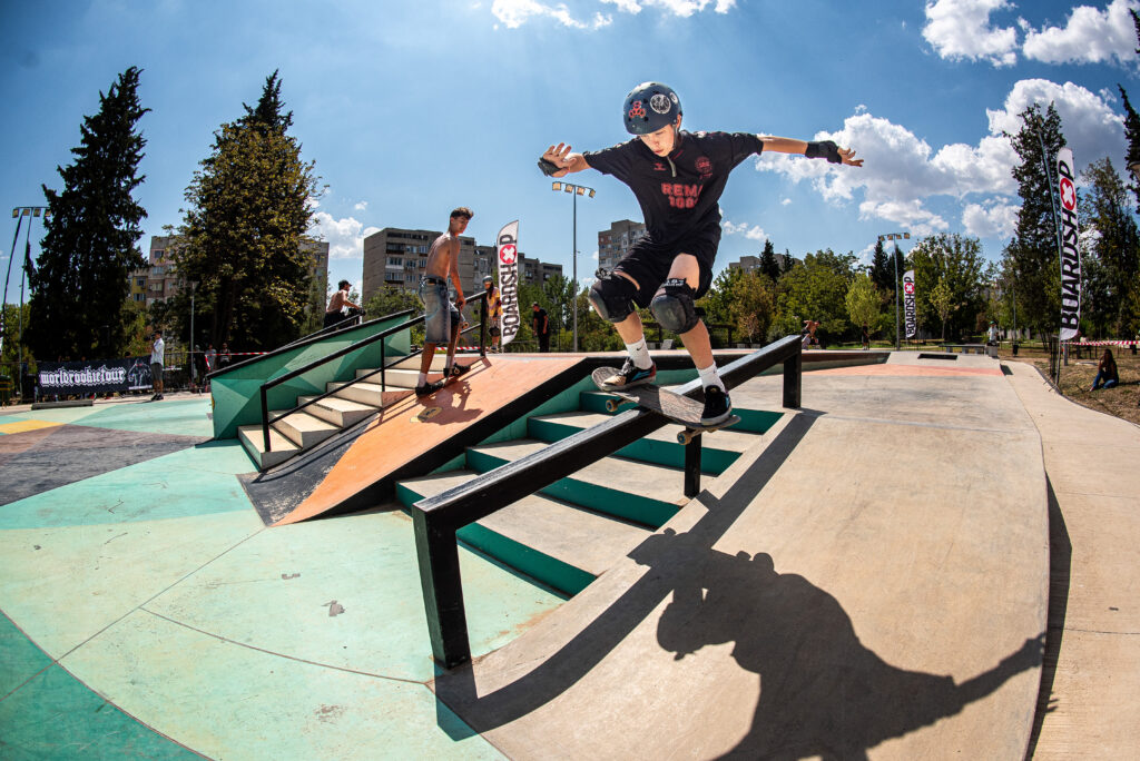 Young skateboarder riding the new Severen Park skatepark in Sofia during the World Rookie Tour Sofia Rookie Fest 2026"