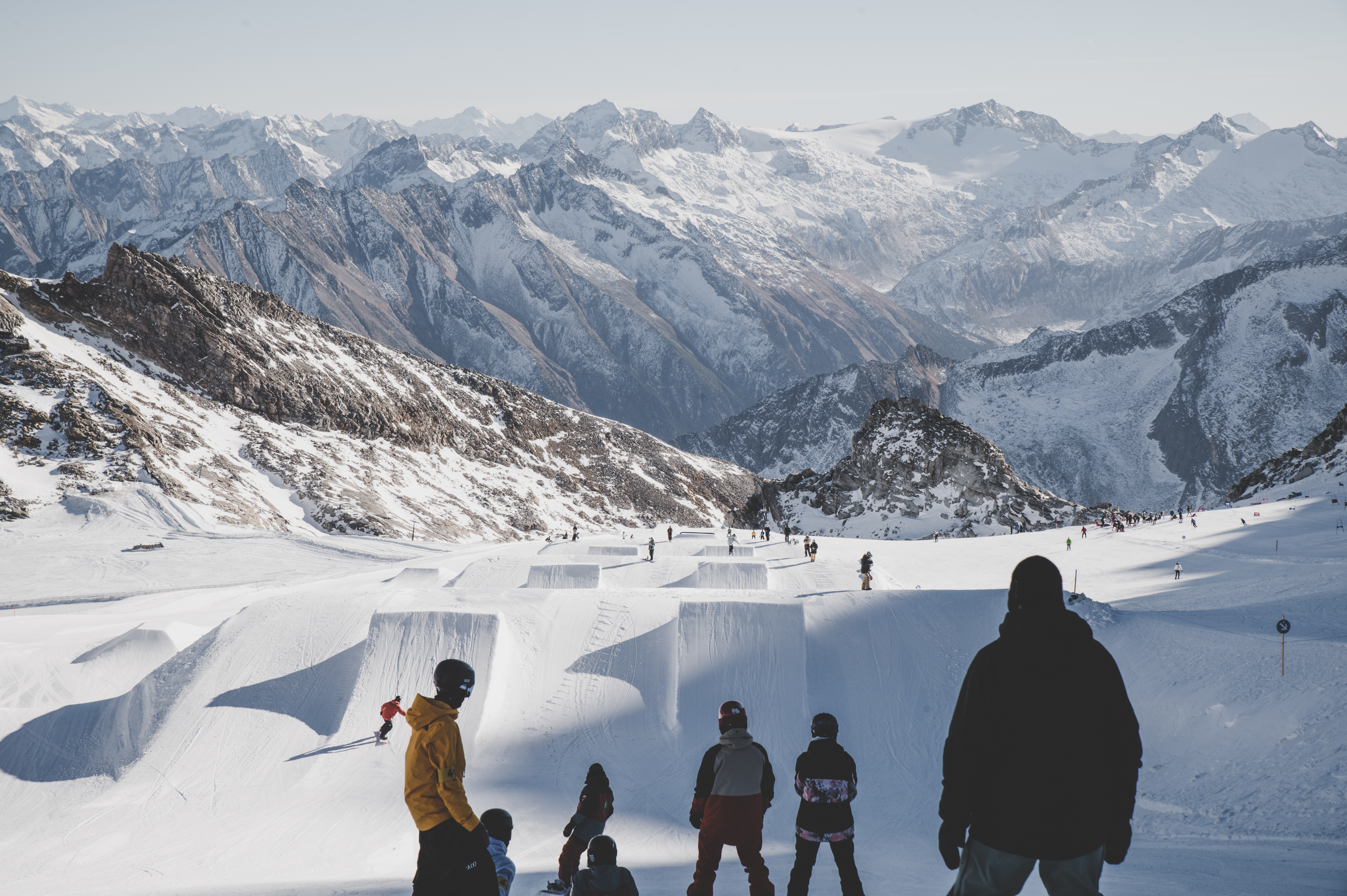 Snowboarder in the park at World Rookie Camp Hintertux on the Hintertux Glacier, Tyrol