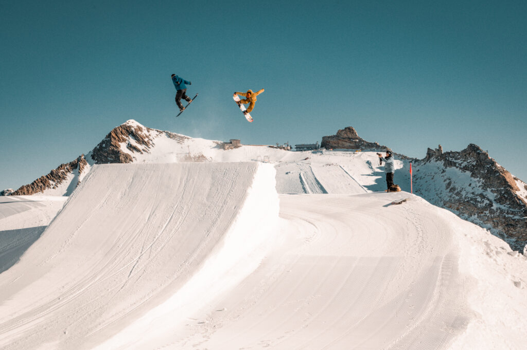 Snowboarder in the park at World Rookie Camp Hintertux on the Hintertux Glacier, Tyrol